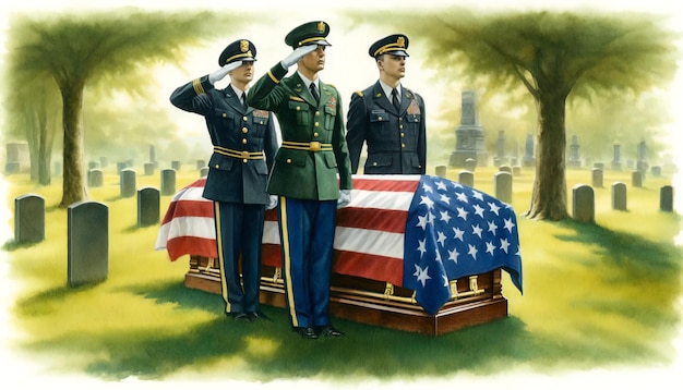 A solemn military funeral with officers saluting a draped coffin