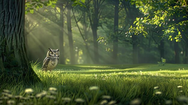 Photo a solemn owl in the morning mist