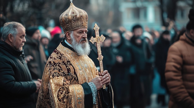 A solemn religious procession featuring a priest in ornate robes holding a cross surrounded by a gathering of attentive people