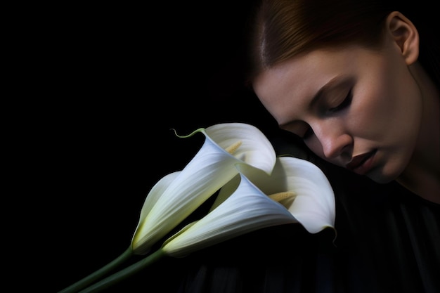 Photo solemn sad woman calla lily generate ai