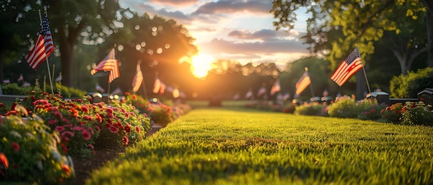 Solemn Sunset Tribute Veterans Honored with Flags Concept Patriotic Photoshoot Veterans Appreciation Sunset Reflections Flag Tribute_photos Honoring Service Members