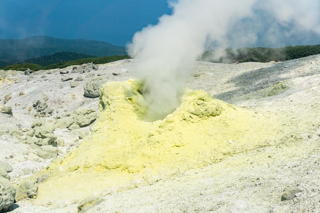 Solfatara source of hot sulfurous gases on the slope of Mendeleev volcano Kunashir island