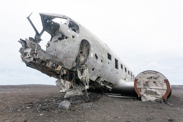 Solheimasandur plane wreck view. South Iceland landmark. Abandoned plane on beach