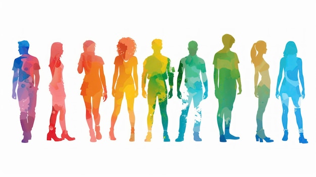 Photo solid color silhouettes poses representing male and female diversity in ethnicity and skin color