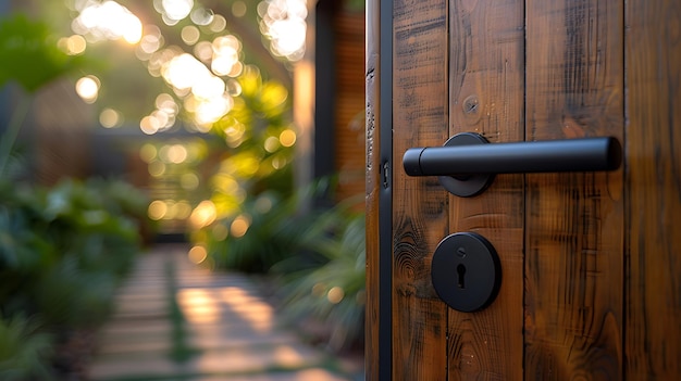 Solid wood door rustic wooden texture modern black door handle closeup shot keyhole detail sleek har