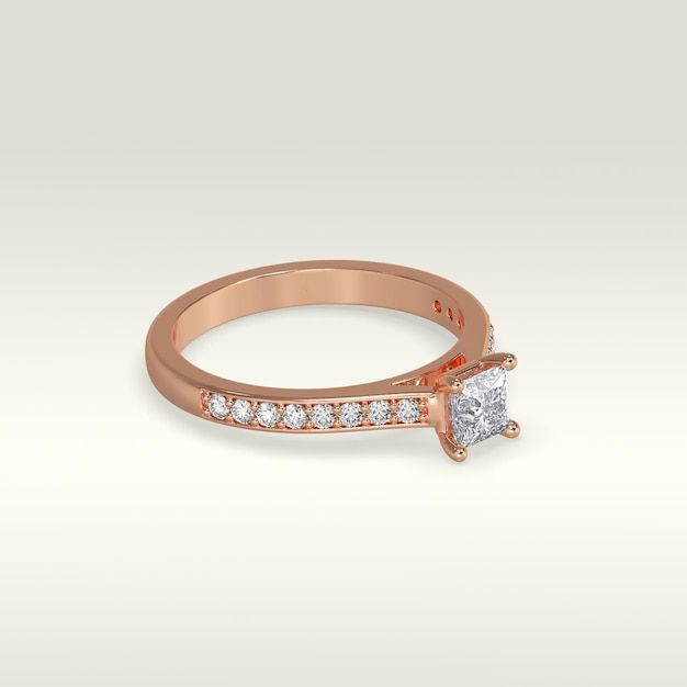 Solitaire engagement ring laying down position in rose gold 3D render