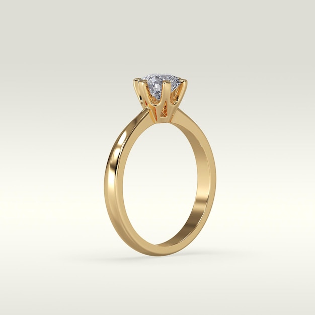 Solitaire engagement ring standing position in metal gold 3D render