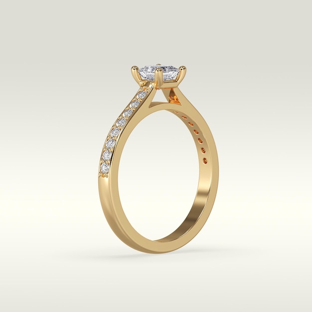 Solitaire engagement ring standing position in metal gold 3D render