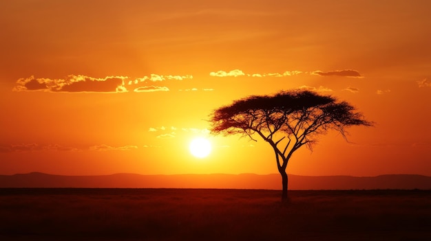 A solitary acacia tree stands tall against the backdrop of a vibrant African sunset the silhou