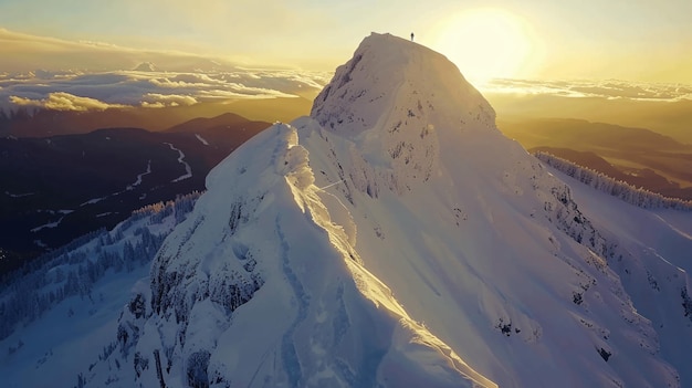 Solitary Adventurer Reaches Majestic SnowCapped Peak at Sunrise Overlooking a Sea of Clouds