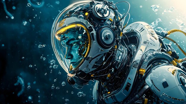 Solitary Astronaut Exploring the Underwater Abyss in a Futuristic Spacesuit