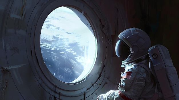 Photo solitary astronaut gazes upon earth from space station window in minimalist interior