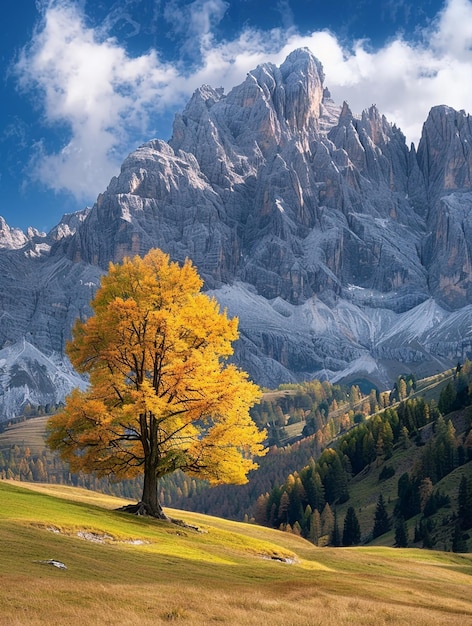 Solitary Autumn Tree Against Majestic Mountain Backdrop