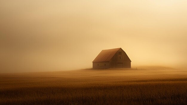 Photo solitary barn in a foggy field at sunrise