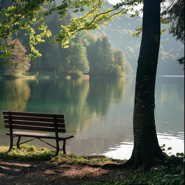 Photo a solitary bench overlooking a tranquil lake and forested hills