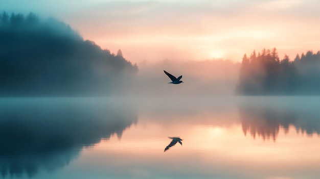 Photo solitary bird flying over serene lake at sunrise with misty forest reflections