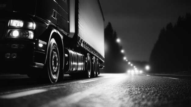 Photo a solitary black and white semitruck drives along a highway at night illuminated by the headl