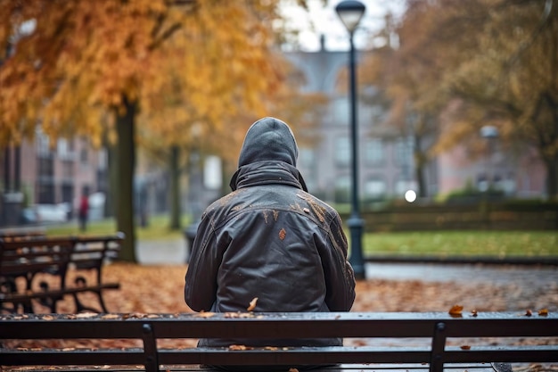 Solitary Boy on Park Bench in Rainy Day Symbolizing Solitude