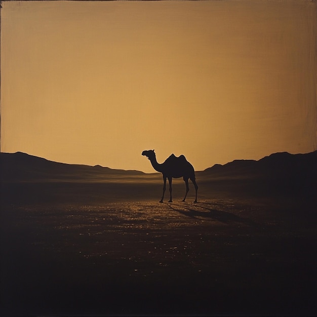 A solitary camel crossing the desert at dusk