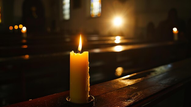 Photo a solitary candle burning in a small chapel its light flickering out slowly