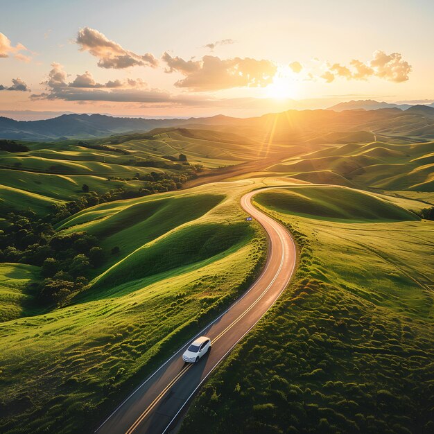 Photo a solitary car drives down a rural road as the sun sets casting a golden glow over the rolling