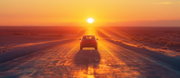 Photo solitary car on endless road during sunset journey through desert landscape