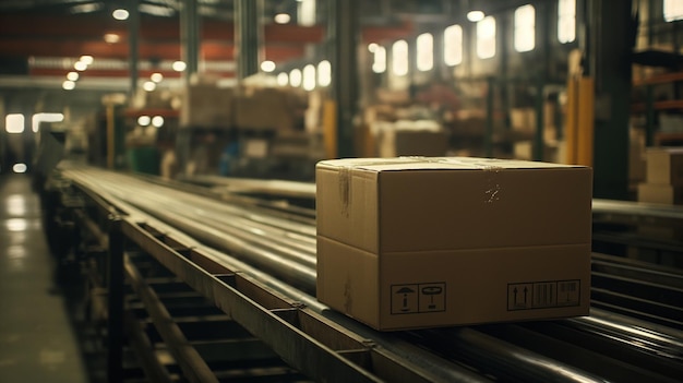 Solitary cardboard box travels on a conveyor belt through an industrial warehouse setting