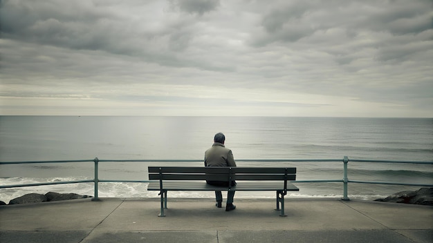 Solitary Contemplation by the Sea A Lone Ma Lost in Thought on a Quiet Coastal Bench Gazing