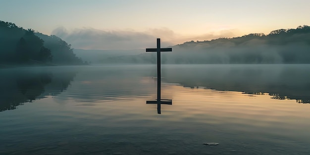 Solitary Cross Over Misty Water at Dawn