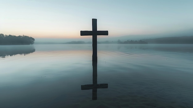 Solitary Cross Over Misty Water at Dawn