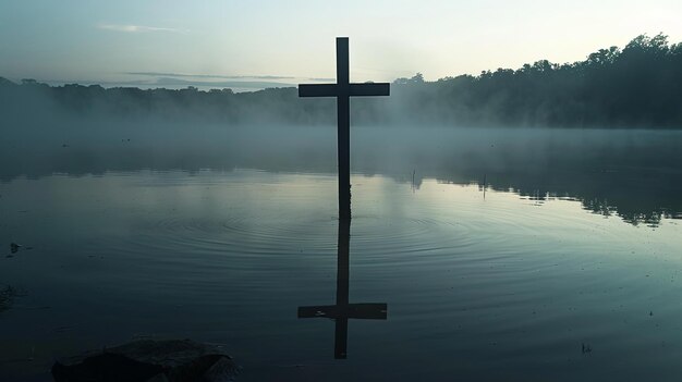 Solitary Cross Over Misty Water at Dawn