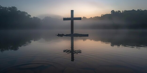 Solitary Cross Over Misty Water at Dawn