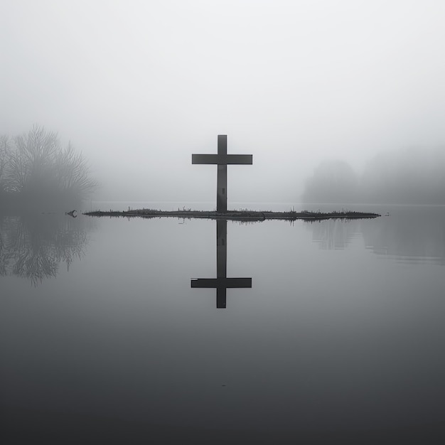 Photo solitary cross over misty water at dawn