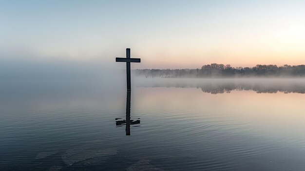 Solitary Cross Over Misty Water at Dawn