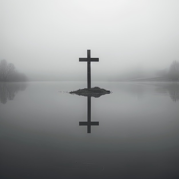 Photo solitary cross over misty water at dawn