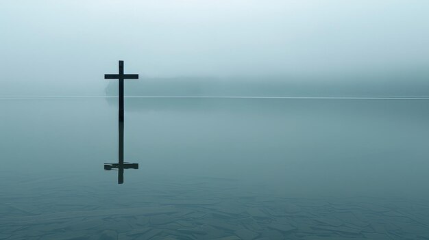 Photo solitary cross over misty water at dawn