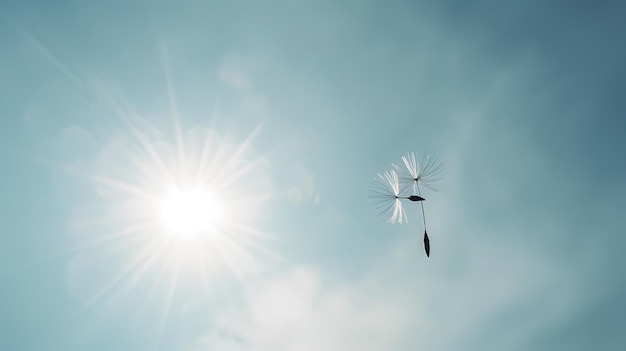 A solitary dandelion seed drifting in the breeze emphasizing the fragile and ethereal quality