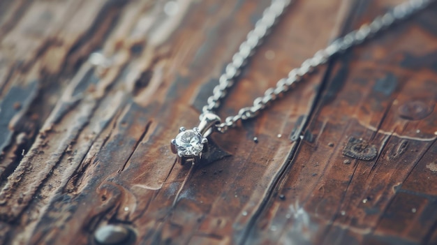 A solitary diamond pendant on a delicate chain placed on weathered wooden surface symbolizing beauty amidst simplicity and a touch of nostalgia