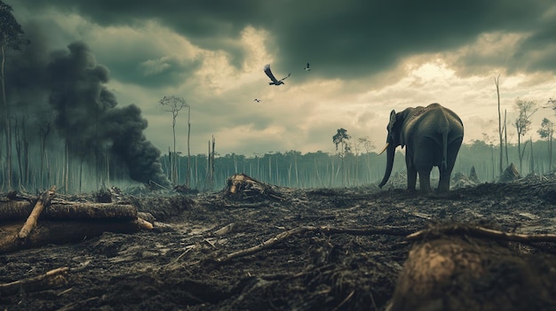 Photo a solitary elephant stands in a barren area surrounded by deforestation signs and rare wildlife struggling against habitat loss generative ai