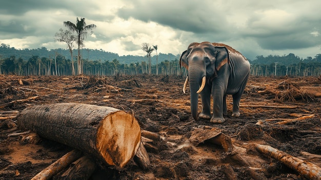 Photo a solitary elephant stands in a barren landscape of cut trees highlighting the impact of deforestation on rare species and ecosystems generative ai