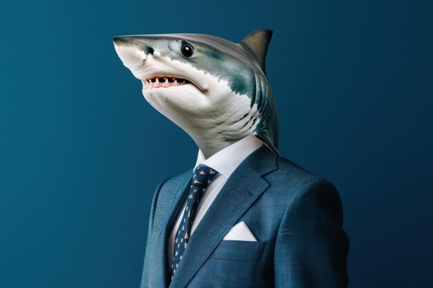 Photo a solitary executive consultant sporting a realistic shark head stands confidently in a sleek office environment