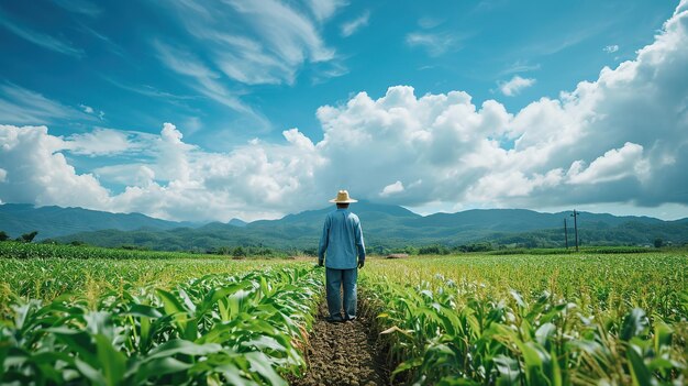 A solitary farmer surveys a lush field evoking themes of agriculture sustainability and nature