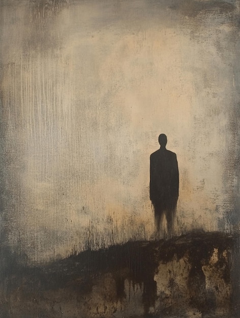 Solitary Figure in Abstract Landscape Themes of Isolation and Reflection