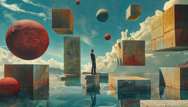 A Solitary Figure Amidst Floating Cubes and Celestial Spheres