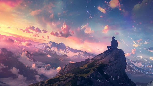 Solitary Figure Atop Mountain Peak Amidst Dramatic Cloudscape Explorer Standing Alone on Mountain