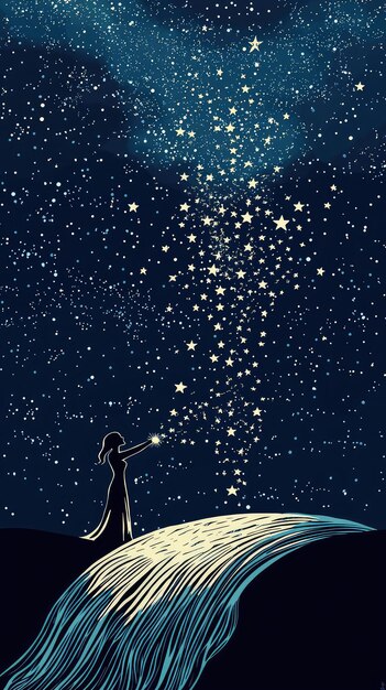 Photo a solitary figure bathed in starlight reaches out to capture a falling star a wish shimmering on the horizon