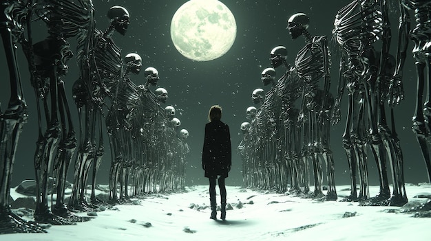 Solitary Figure Confronts an Army of Skeletons Under a Full Moon