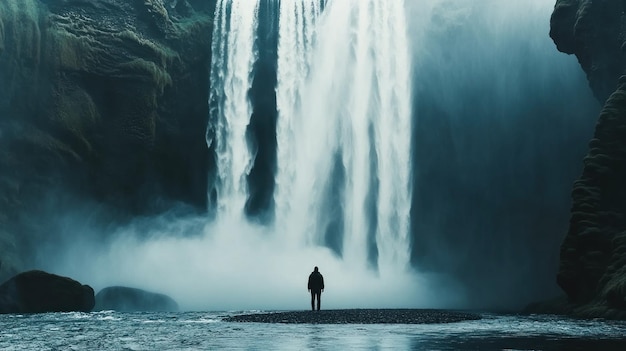 Photo a solitary figure contemplates a majestic waterfall