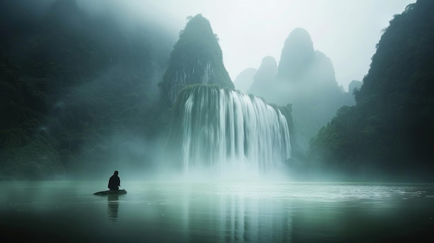 Photo solitary figure contemplating a mistshrouded waterfall in a lush valley