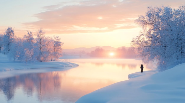 Photo solitary figure enjoying a serene winter sunrise by a snowcovered river